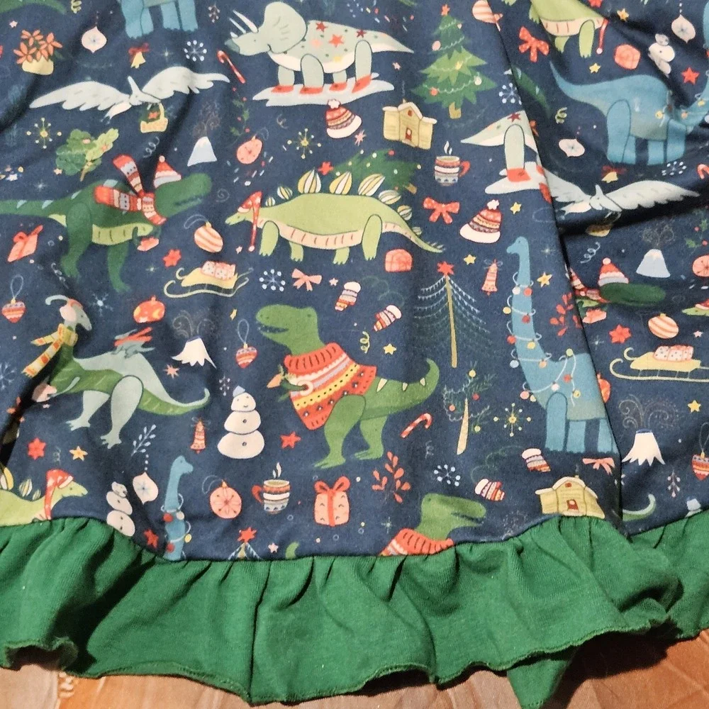 Girls 8/9 Christmas Dinosaur T-Rex Milksilk Twirl Dress Long Sleeve Pockets